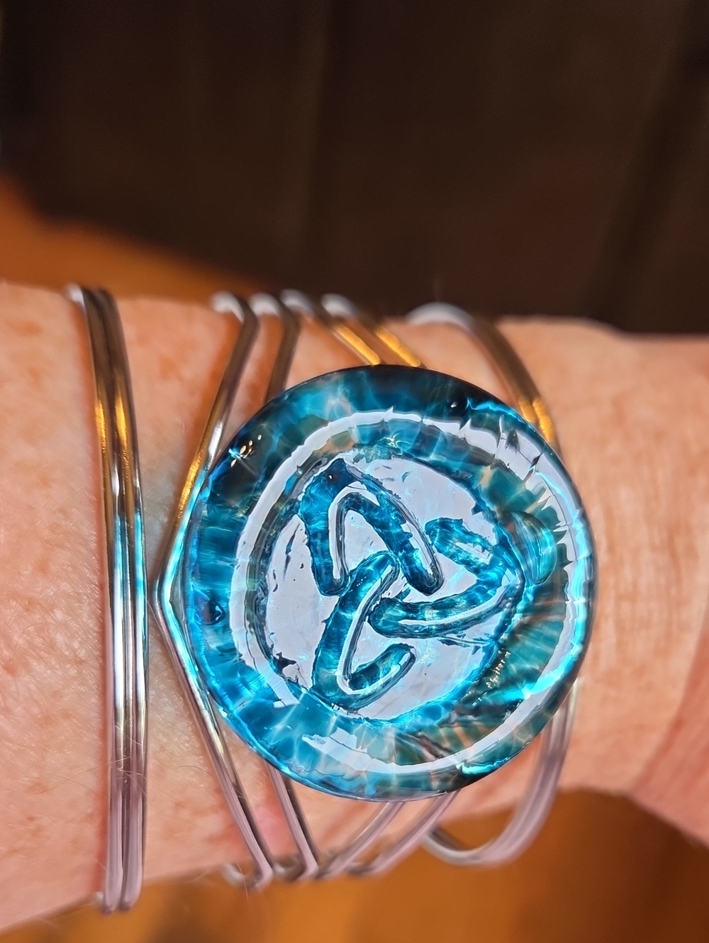 Blue Glass Celtic Knot Multi-Wire Open Cuff Bracelet